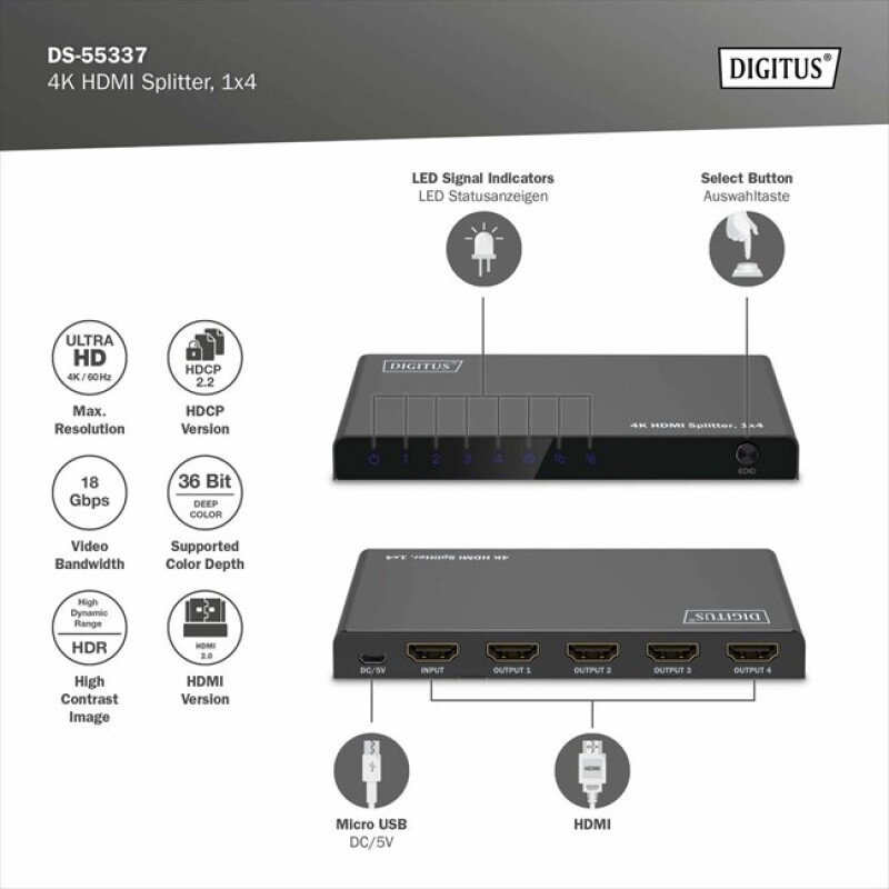 Digitus HDMI Çoklayıcı (1 Giriş 4 Çıkış)